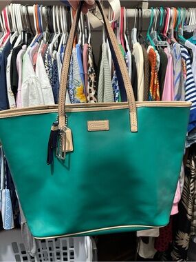 Coach Teal Tote with Tan Trim